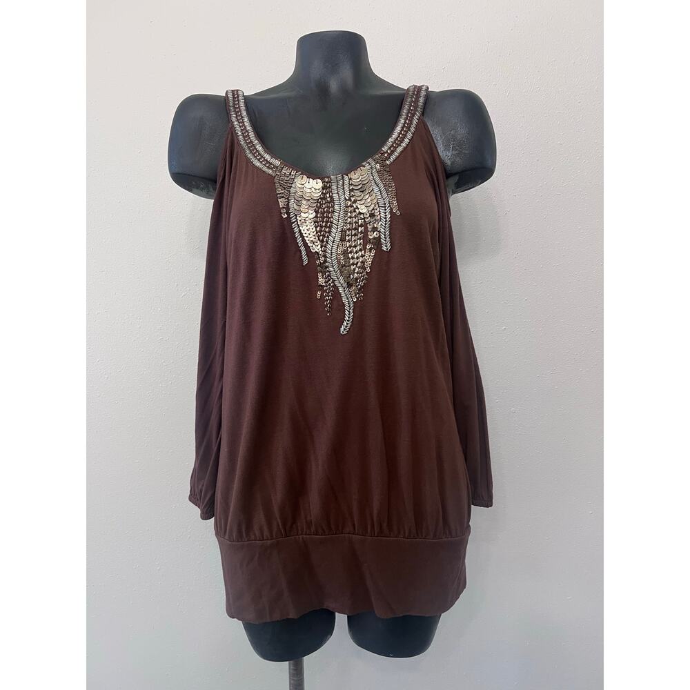 Vintage‎ Cache Top Sz M Metal Heavily Studded Design Keyhole Shoulder Brown Y2K